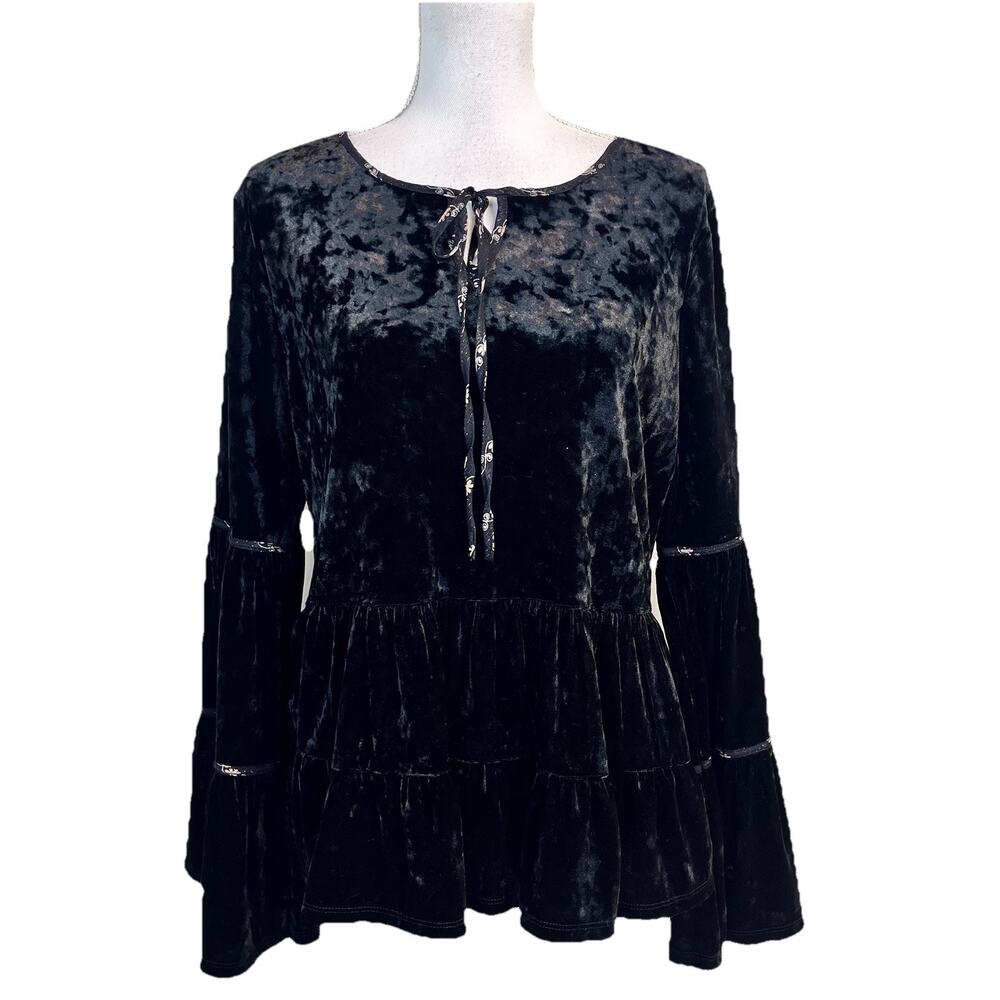 Farmers Market Blouse Tunic size Large Black Velvet Peplum Ruffles Boho Peasant